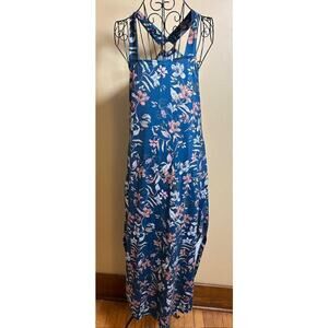 Anrabess Floral Halter Maxi Dress Teal O Ring Pockets Size Small